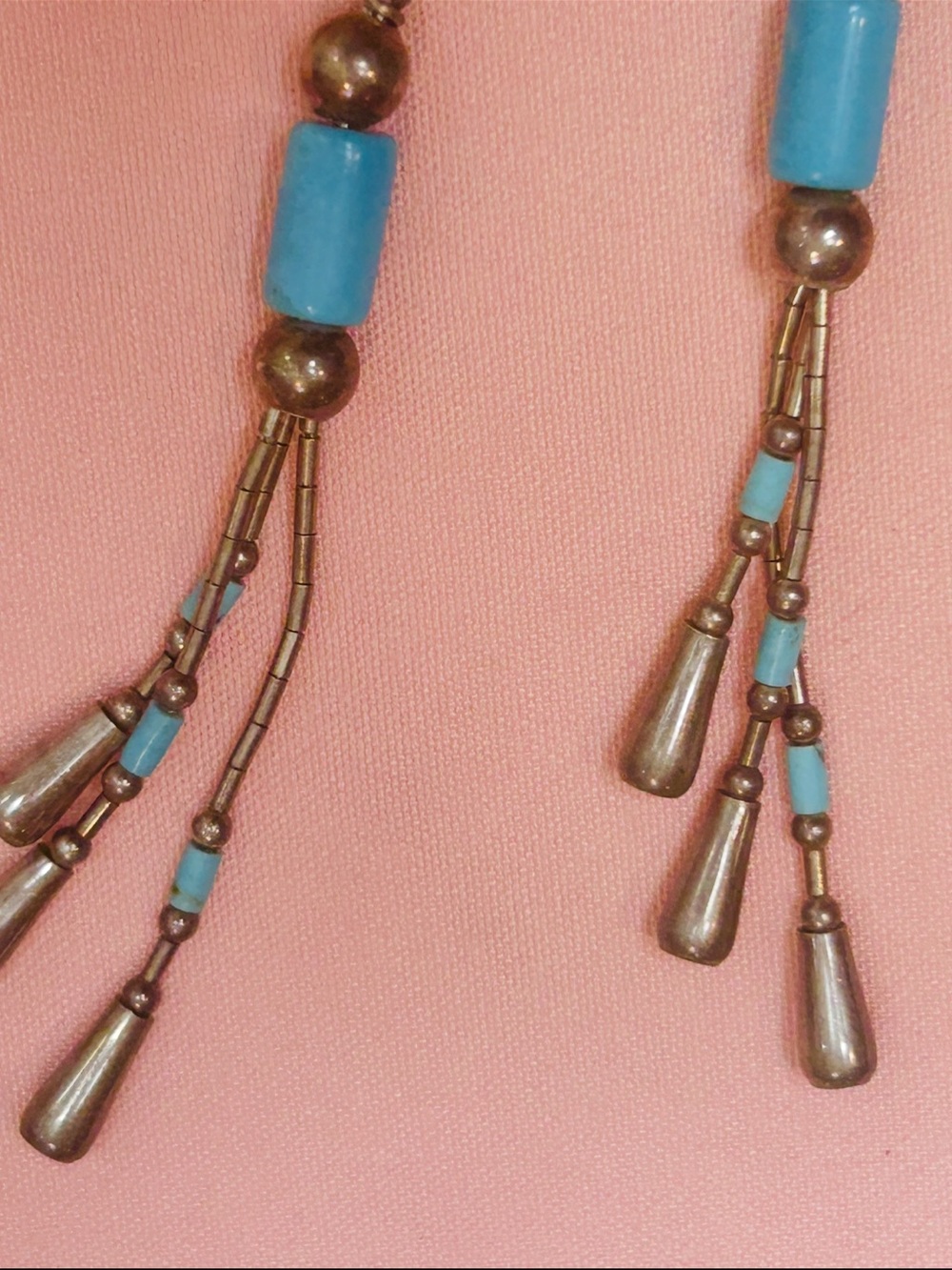 Turquoise Bead Fringe Drop Earrings with Antique Silver Accents